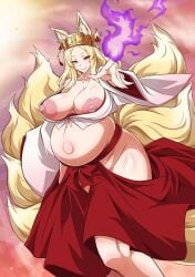 absurdres animal_ear_fluff animal_ears big_belly blonde_hair blush breasts breasts_out closed_mouth curvy diadem energy feet_out_of_frame female female_focus fox_ears fox_girl fox_tail high_school_dxd highres hikimayu hip_vent huge_breasts huge_nipples japanese_clothes kitsune kobayashi_tetsuya kyuubi large_areolae large_nipples large_tail long_hair magic mature_female miko multiple_tails navel nipple_slip nipples no_bra no_panties no_underwear outie_navel outstretched_hand plump pregnant puffy_areolae puffy_nipples shiny_skin sidelocks smile solo tail thick_eyebrows thick_thighs thighs tiara wide_hips yasaka_(high_school_dxd) yellow_eyes