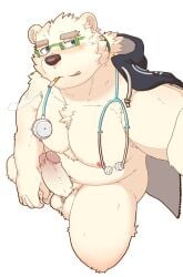 anthro balls bear belly blue_eyes cigarette cigarette_in_mouth clothing erection eyewear fur genitals glasses hagom_bear hi_res jacket leib_(tas) lifewonders male mammal medical_instrument musclegut navel nipples object_in_mouth pecs penis polar_bear scientific_instrument smoking solo stethoscope tokyo_afterschool_summoners topwear ursine white_body white_fur