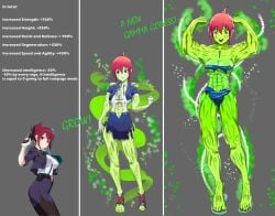 1girls abs darling-sama female female_only green_skin hulked_out legs midriff muscle_growth muscles muscular muscular_female rail_wars! red_hair ripped_clothes ripped_clothing sakurai_aoi skin_color_change solo thick_thighs thighs torn_clothes transformation transformation_sequence wide_hips