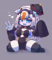 fang jiangshi_costume large_breasts nipple_slip on_knees paper_seal peace_sign robot_girl short_hair t-t/u2