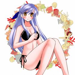 1girls 74 7774 alternate_costume bikini black_bikini black_swimsuit blush breasts cleavage fire_emblem fire_emblem:_radiant_dawn grey_hair hair_ribbon half_updo long_hair looking_at_viewer medium_breasts micaiah_(fire_emblem) nintendo ribbon side-tie_bikini_bottom simple_background sitting smile swimsuit white_background yellow_eyes