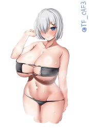 bare_shoulders bikini black_bikini blue_eyes blush breasts closed_mouth collarbone cowboy_shot cropped_legs eyepatch_bikini female grey_hair hair_ornament hair_over_one_eye hairclip hamakaze_(kantai_collection) hand_up highres huge_breasts kantai_collection looking_at_viewer navel one-hour_drawing_challenge parted_bangs short_hair sidelocks simple_background solo steaming_body sweat swimsuit tf_cafe twitter_username underboob white_background