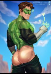 1boy abs ass big_ass big_butt bodysuit brown_hair bubble_ass bubble_butt caucasian caucasian_male dc dc_comics gloves green_lantern green_lantern_(series) hal_jordan human human_only looking_at_viewer looking_back_at_viewer male male_only smile solo solo_focus solo_male soynutts thick_thighs tight_clothing