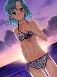 1girls 74 7774 alternate_costume bikini blue_eyes blue_hair blush breasts circlet cleavage cloud cloudy_sky cowboy_shot embarrassed fire_emblem fire_emblem:_the_binding_blade front-tie_top hand_on_own_chest looking_at_viewer navel nintendo ocean outdoors short_hair side-tie_bikini_bottom sky small_breasts solo sunset swimsuit thea_(fire_emblem) white_bikini white_swimsuit