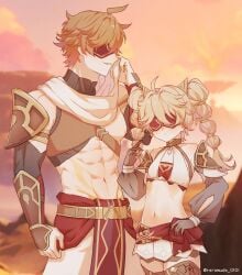 2boys abs aether_(genshin_impact) armor blindfold blonde_hair blurry blurry_background closed_mouth cosplay covered_eyes crossdressing desert detached_sleeves eremite_(faction) eremite_daythunder_(genshin_impact) eremite_daythunder_(genshin_impact)_(cosplay) eremite_desert_clearwater_(genshin_impact) eremite_desert_clearwater_(genshin_impact)_(cosplay) femboy genshin_impact hi_res highres long_hair male male_focus male_only multiple_boys nipples otoko_no_ko outdoors parted_lips pectorals raramuda_0101 red_blindfold tartaglia_(genshin_impact) toned toned_male twintails twitter_username