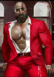 artist_request bald bara cum_in_mouth cum_on_body cum_on_clothes cum_on_face daddy dilf god_of_war kratos male male_focus male_only muscular_arms muscular_legs muscular_male partially_clothed red_markings red_suit revealing_chest solo solo_male white_skin