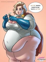 1girls bbw belly big_belly big_breasts blonde_hair breasts cleavage dc dc_comics fat female huge_breasts obese overweight power_girl stretch_marks thunder_thighs wardrobe_malfunction xmasterdavid