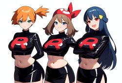 3girls adapted_costume ai_generated asymmetrical_hair blue_eyes blue_hair breasts brown_hair corruption cosplay cowboy_shot creatures_(company) crop_top dawn_(pokemon) enemy_conversion female female_only game_freak gloves green_eyes gym_leader hair_tie highres huge_breasts human kasumi_(pokemon) large_breasts legs looking_at_viewer may_(pokemon) multiple_girls navel nintendo nipples orange_hair pokemon pokemon_(game) pokemon_dppt pokemon_rgby pokemon_rse ponytail red_eyes short_hair side_ponytail simple_background smile team_rocket team_rocket_(cosplay) team_rocket_uniform thick_thighs thighs wide_hips