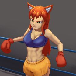 1girls angry animal_ears bangs bare_arms bare_midriff bare_thighs boxing_gloves breasts cleavage female female_only fight fighting_ring frown gigabit gloves green_eyes long_hair medium_breasts midriff more_at_source orange_hair shorts solo tank_top thighs very_long_hair