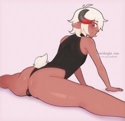 1boy 2023 ass ball_bulge bulge caprine caprine_humanoid dark-skinned_femboy dark_skin femboy freckles freckles_on_ass hi_res horizontal_pupils horns leotard looking_at_viewer looking_back looking_back_at_viewer male male_only midnight_rian pointy_ears red_eyes shane_(bro_aniki) sheep sheep_boy sheep_ears sheep_horns sheep_tail sitting smiling smiling_at_viewer solo splits watermark white_hair