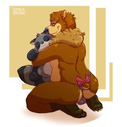 accessory animal_plushie anthro ass balls bear bow_(feature) bow_accessory brown_bear claws clothing cute_expression embrace furgonomics genitals hug hugging_plushie kneeling looking_at_viewer male mammal mockthebear panties paws plushie solo solo_focus spacenoise tail tail_accessory underwear ursine