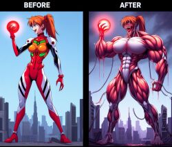 abs ai_generated asuka_langley_sohryu before_and_after corruption female giantess giantess_growth growth horror huge_ass huge_breasts monsterification muscle_growth muscular_female mutation neon_genesis_evangelion razrmann thick_thighs transformation what wide_hips