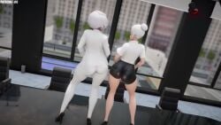 2girls animated blue_eyes censored dance dancing female female_only fully_clothed glasses hairbun high_heels jic_jic mikumikudance mikumikudance_(medium) milf mmd mother_and_daughter mp4 office office_chair office_clothing office_lady rwby sound tagme video white_hair willow_schnee winter_schnee