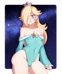 1boy 2023 aqua_eyes blonde_hair blue_eyes blush bulge crown dress femboy genderswap genderswap_(ftm) hair_over_one_eye hi_res long_hair looking_at_viewer male male_focus male_only mario_(series) midnight_rian nintendo nipple_bulge princess_rosalina rule_63 smiling smiling_at_viewer solo solo_male super_mario_galaxy thick_thighs watermark