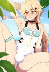 1boy 2023 aether_(genshin_impact) beach bent_legs blonde_hair blush bulge choker crossdressing do_not_repost femboy genshin_impact girly hand_behind_head hi_res legs_apart long_hair male male_only midnight_rian sitting solo swimsuit watermark yellow_eyes