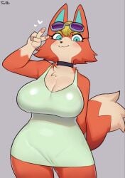 1girls 4_fingers animal_crossing anthro anthro_only anthrofied armpits audie_(animal_crossing) bare_shoulders big_breasts biped blonde_hair blue_eyes blush breasts canid canine canis cleavage clothed clothes clothing eyelashes female female_only fully_clothed fur gesture grey_background hair heart hi_res hips humanoid large_breasts looking_at_viewer mammal nintendo orange_body orange_fur simple_background smile solo solo_female sususuigi thick thick_thighs thighs v_sign wide_hips wolf