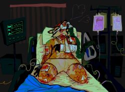 amputee anthro bed blood bodily_fluids broken_arm clothing disability fur furniture gore guncht hospital hospital_bed iv_bag male mammal missing_all_legs missing_leg orange_body orange_fur procyonid raccoon solo solo_male tan_body tan_fur tears underwear wounded