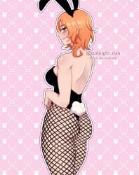 1boy 2023 ass bunny_ears bunny_tail bunnysuit commission female fishnet_pantyhose fishnets freckles freckles_on_shoulders hi_res looking_at_viewer midnight_rian orange_eyes orange_hair smiling smiling_at_viewer solo thick_thighs watermark