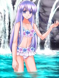 1girls 74 7774 alternate_costume bikini circlet cleavage collarbone fire_emblem fire_emblem:_genealogy_of_the_holy_war flower julia_(fire_emblem) light_purple_hair long_hair navel nintendo partially_submerged purple_eyes smile solo swimsuit very_long_hair wading water white_bikini white_swimsuit