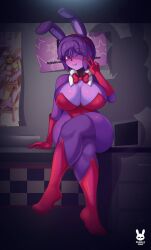 big_breasts blush bonnie_(fnaf) bunny_ears bunny_girl bunnysuit cleavage ear five_nights_at_freddy's five_nights_in_anime huge_breasts purple_hair purple_skin purplehorny smile smiling solo thick_thighs wink winking