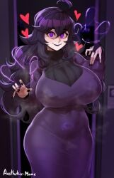 1girls aestheticc-meme breasts dress female glowing_tattoo hex_maniac hi_res hourglass_figure huge_breasts large_breasts light-skinned_female light_skin long_hair looking_at_viewer nintendo nipple_bulge pale_skin pokemon pokemon_xy pubic_tattoo purple_eyes purple_hair solo thick_thighs thighs tight_clothing tight_dress voluptuous wide_hips