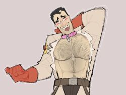 1boy black_hair blush blushing collar dilf embarrassed glasses gloves hairy_chest man_boobs medic medic_(team_fortress_2) moobs nipples official_alternate_costume pecs pierced_nipples piercings pink_collar team_fortress_2 torn_clothes uniform