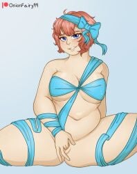 blue_bow blue_eyes blue_ribbon christmas chubby_female covered_breasts doki_doki_literature_club female fingering_pussy freckles just_sayori light-skinned_female looking_at_viewer masturbation naked_female onionfairy99 onionfairylewds pussy sayori_(doki_doki_literature_club) short_hair smiling strawberry_blonde_hair thick_thighs