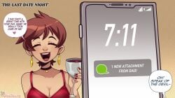 1girls 2023 blush brown_hair cherrypix choker closed_eyes dialogue dress earrings english_text female hi_res milf original original_character phone phone_screen pov smile speech_bubble wine_glass