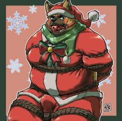 2023 anthro ball_gag belly blush bound brown_body bulge canid canine canis christmas christmas_clothing christmas_headwear clothing costume domestic_dog exe_exem gag hat headgear headwear holidays kemono lifewonders male mammal overweight overweight_male rope santa_costume santa_hat solo tokyo_afterschool_summoners yasuyori