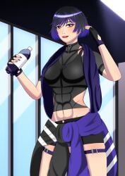 1girls athletic_female black_and_purple_hair black_choker choker crop_top end3rw1z female_abs fit_female gym jacket_around_waist namco purple_eyes reina_mishima shorts solo tekken tekken_8 towel_around_neck water_bottle