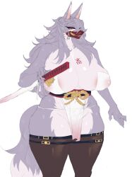 1girls animal_ears anthro areola_slip big_breasts canid canine carsen cervina_(cervina7) countershading eyelashes female female_only fur furry grey_fur grey_hair hi_res huge_breasts japanese_text katana legwear loincloth long_hair looking_at_viewer mask mouth_mask narrowed_eyes nipple_bulge skimpy skimpy_clothes solo tail tattoo tattoo_on_breast thick_thighs thigh_squish white_background wolf yellow_eyes yiff