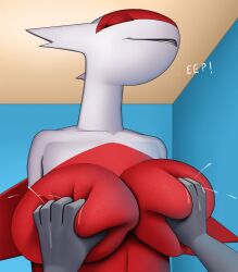 anthro big_breasts bodily_fluids breasts creatiffy digital_media_(artwork) duo female generation_3_pokemon hi_res huge_breasts humanoid lactating latias legendary_pokemon male male/female milk nintendo pokemon pokemon_(species) simple_background teeth text