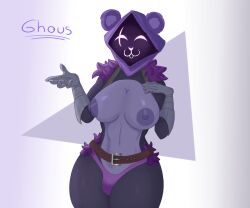 1_futa ambiguous_gender anthro areola bear big_areola big_breasts big_nipples breasts clothing female fortnite futanari ghous117 gloves handwear herm hi_res huge_areola intersex intersex/female mammal nipples purple_body purple_eyes raven_team_leader simple_background simple_eyes solo wide_hips