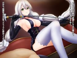 1boy 1girls aquila_(azur_lane) azur_lane black_gloves breasts eyebrows_visible_through_hair femdom green_eyes huge_breasts indoors japanese_text latex latex_gloves light-skinned_female light-skinned_male light_skin malesub on_sofa sardegna_empire_(azur_lane) sitting_on_sofa smile sofa text twintails tyaranporanpo whip white_hair