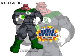 2009 abs alien balls_outline bolovaxian boots bulge clothing english_text footwear genital_outline gloves green_lantern_(series) green_lantern_ring handwear hi_res kilowog male muscular muscular_male pecs penis_outline pink_body pink_skin red_eyes solo text tomcat_(artist)