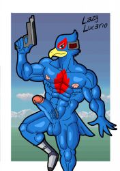 2022 abs anthro armor avian balls bird blue_body blue_eyes blue_feathers boots boots_only clothing detailed_background dipstick_tail falco_lombardi falcon falconid feathers footwear footwear_only fur game_background genitals green_eyes gun hair headgear helmet hi_res humanoid_genitalia humanoid_penis laser_gun lazyken male markings mostly_nude multicolored_body multicolored_feathers muscular muscular_arms muscular_legs muscular_male nintendo nipples pecs penis pubes ranged_weapon red_body red_feathers solo solo_male star_fox tail tail_markings two_tone_body two_tone_feathers vein veiny_penis weapon white_body