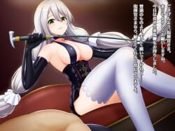 1boy 1girls aquila_(azur_lane) azur_lane black_gloves breasts eyebrows_visible_through_hair femdom green_eyes huge_breasts indoors japanese_text latex latex_gloves light-skinned_female light-skinned_male light_skin malesub on_sofa sardegna_empire_(azur_lane) sitting_on_sofa sofa text twintails tyaranporanpo whip white_hair