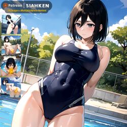 ai_generated attack_on_titan blush cameltoe fit_female grey_eyes hips looking_down medium_breasts mikasa_ackerman mizugi muscular navel_line pool school_swimsuit short_hair shy siahken swimsuit tight_clothing