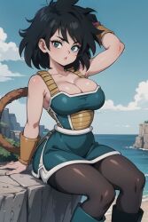 ai_generated black_hair blue_eyes dragon_ball fantasyai female_saiyan gine looking_at_viewer milf mother parted_lips sitting tail