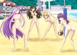 4girls absurdres arms_behind_head artoria_pendragon_(fate) ass barefoot beach beach_volleyball belly_chain bent_over breasts completely_nude completely_nude_female fate/stay_night fate_(series) female female_only full_body highres jewelry looking_at_viewer martinstorm matou_sakura medusa_(fate) multiple_girls naked naked_female nude nude_female ocean one_eye_closed outdoors saber sand tohsaka_rin uncensored volleyball volleyball_net water