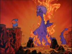 big_breasts blue_fur breasts disney disney_villains dragon edit evil_smile female fire gasp gasping glasses goat green_eyes horns huge_breasts in_water large_breasts madam_mim male merlin nipples purple_hair purple_skin rock rocks screenshot_edit tail the_sword_in_the_stone water wings