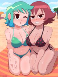 2girls :o angry angry_face ass beach bean_frown bean_mouth big_ass big_breasts big_thighs bikini blue_hair bluefrok breasts brown_hair huge_ass huge_thighs kim_pine looking_at_viewer ramona_flowers scott_pilgrim short_hair tagme teeth thick_hips thick_thighs thighs wink