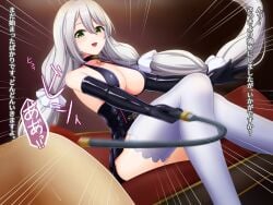 1boy 1girls action_lines aquila_(azur_lane) azur_lane black_gloves breasts eyebrows_visible_through_hair femdom green_eyes huge_breasts indoors japanese_text latex latex_gloves light-skinned_female light-skinned_male light_skin malesub on_sofa sardegna_empire_(azur_lane) sitting_on_sofa sofa text twintails tyaranporanpo whip whipping white_hair