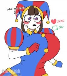 big_breasts brown_hair corngak dialogue female gigantic_breasts gloves huge_breasts jester jester_costume jester_hat jester_outfit looking_at_viewer pomni_(the_amazing_digital_circus) short_hair solo sweatdrop tagme talking_to_viewer text the_amazing_digital_circus twitter twitter_strip_game_(meme) white_body