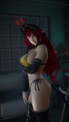 1girls 3d bikini bra demon demon_girl demon_horns demon_tail demoness giannanora_ glowing_eyes horns indoors light-skinned_female light_skin looking_at_viewer original_character panties pointy_ears red_eyes red_hair sinia standing succubus succubus_horns succubus_tail tail yellow_bra yellow_panties