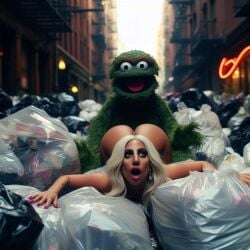 1girls ai_generated alley ass blonde_hair celebrity dall-e3 doggy_style garbage garbage_bags green_fur implied_sex lady_gaga looking_at_viewer muppets naked naked_female nude nude_female oscar_the_grouch prone_bone puppet real_person sesame_street tagme the_muppet_show trash trash_bag