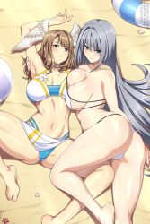 2girls alternate_costume arms_up ass beach bikini blue_bikini blue_eyes blue_swimsuit blush breast_tattoo breasts brown_hair bubble_butt busty cleavage curvy ethel_(xenoblade) eunie_(xenoblade) female female_only head_wings highres hips hourglass_figure large_ass large_breasts large_breasts_lesbian legs_spread lindaroze long_hair looking_at_viewer monolith_soft multiple_girls nintendo official_alternate_costume on_back on_side sand silver_hair slim_waist smile swimsuit tattoo thick_ass thick_thighs thighs very_long_hair voluptuous white_bikini white_swimwear wide_hips wings wings_on_head xenoblade_(series) xenoblade_chronicles_3 yuri