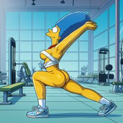 1girls 20th_century_fox ai_generated arms_up ass ass_focus blue_hair bottomless dat_ass female fonglet gym marge_simpson mature_female milf red_necklace shoes socks solo stretching the_simpsons