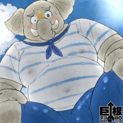 anthro belly big_dick_day blue_eyes blush bulge clothing elephant elephantid grey_body hi_res hizen_(tamacolle) male mammal moobs navel nipples overweight proboscidean solo tamacolle translucent translucent_clothing tusks yaki_atsuage