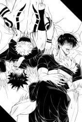 4boys anal back_tattoo bed blindfold blush father_and_son fushiguro_megumi gay jacket jujutsu_kaisen male male_only missionary_position muscular_male ryoumen_sukuna_(jujutsu_kaisen) satoru_gojo sex shirt short_hair stirrup_legwear tattoo toeless_legwear toji_fushiguro yaoi zhhy3324